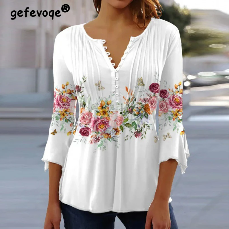 Top Trends: Summer Fashion Women's Ruffled Floral Print V-neck 3 / 4 Sleeve Button Tees T-shirts Casual Loose Tunic Tops Female Clothing 2023 Shoppable Styles