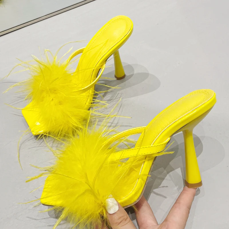 Top Trends: Liyke Summer Fashion Yellow Fluffy Furry Women Slippers Mules High Heels Slides Female Gladiator Sandals Party Banquet Shoes Shoppable Styles