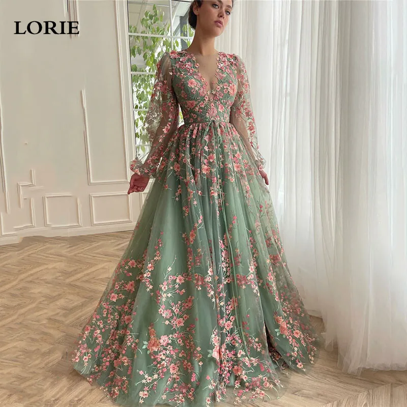 Top Trends: LORIE Green Puff Sleeve Prom Dresses A Line V Neck Ankle Length Floral Embroidered Plum Blossom Formal Evening Dress Pardy Gowns Shoppable Styles