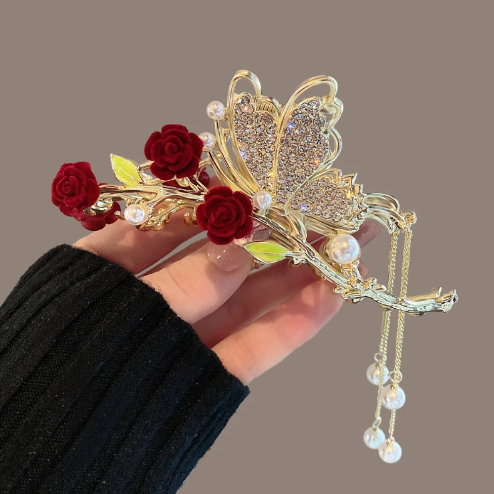 Top Trends: New Fashion Antique Red Rose Butterfly Tassel Hair Clip Female Back Head Large Grab Clip Advanced Sense Shark Clip Headwear Shoppable Styles