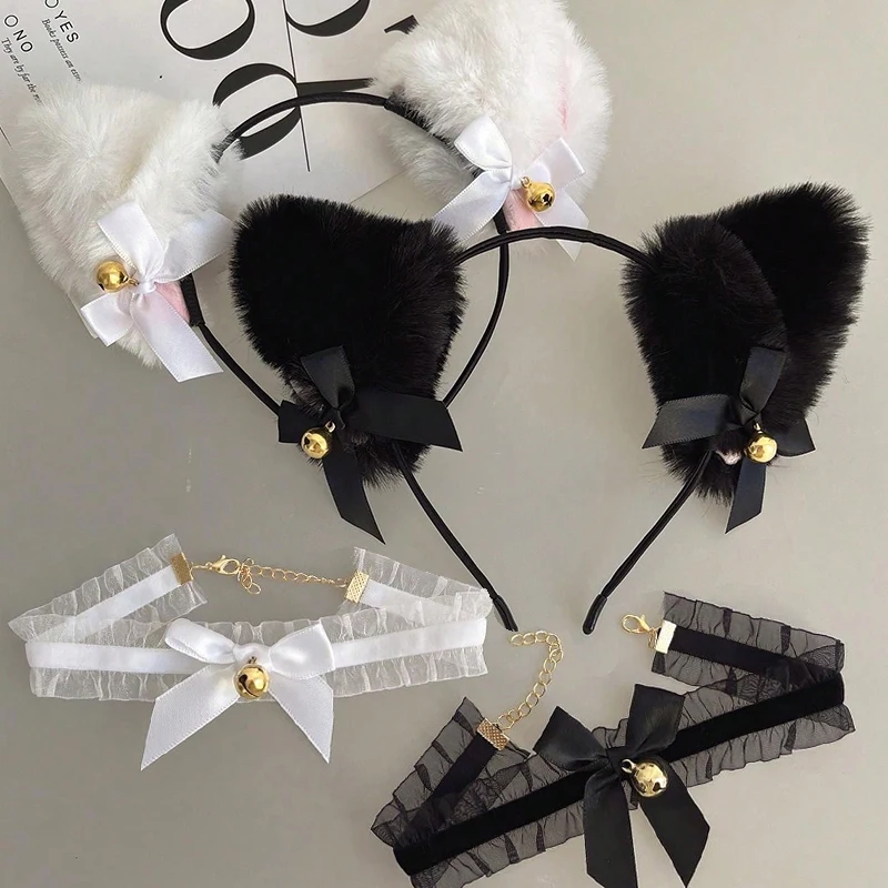 Top Trends: Sexy Cat Ears Headband Necklace Set For Women Girls Lace Bow Plush Bell Hairband Cosplay Masquerade Costume Hair Accessories Shoppable Styles