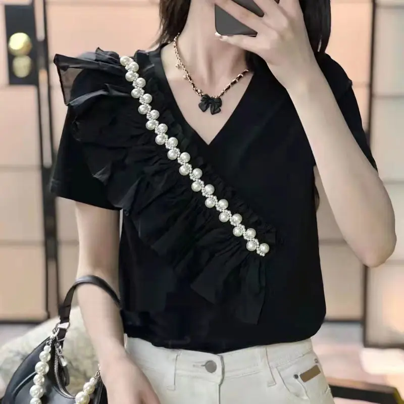 Top Trends: Sweet V-Neck Folds Ruffles Beading Blouse Women&#039;s Clothing 2023 Summer New Casual Pullovers Office Lady Asymmetrical Shirt Shoppable Styles