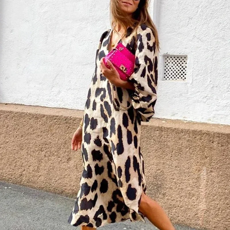 Top Trends: Leopard Print Dress Autumn New Sexy V Neck Long Casual Fashion Women Lantern Long Sleeves Dresses Loose Elegant Party Dresses Shoppable Styles