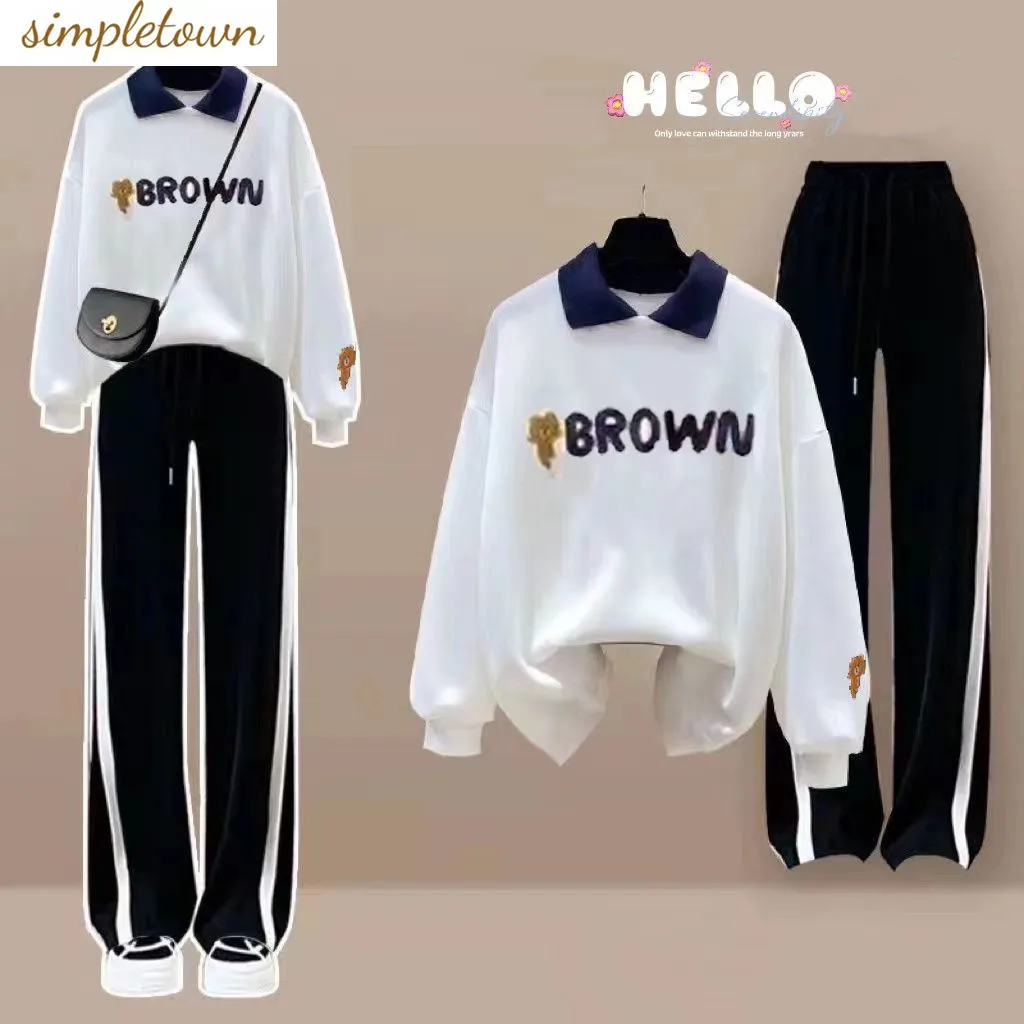 Top Trends: Spring And Autumn Sports Set Women&#039;s Korean Edition Loose POLO Neck Loose Top+ Elastic Waist Casual Pants Two Piece Set Shoppable Styles