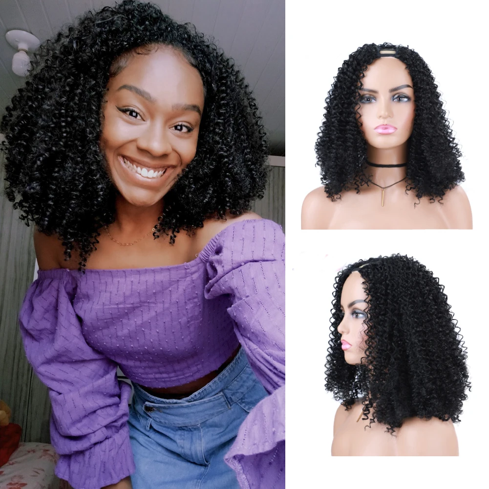 Top Trends: Lydia Afro Kinky Curly U Part 1B # Black Color Hair Wig Heat Resistant Synthetic 20inch Daily Party Wigs American African Women Shoppable Styles