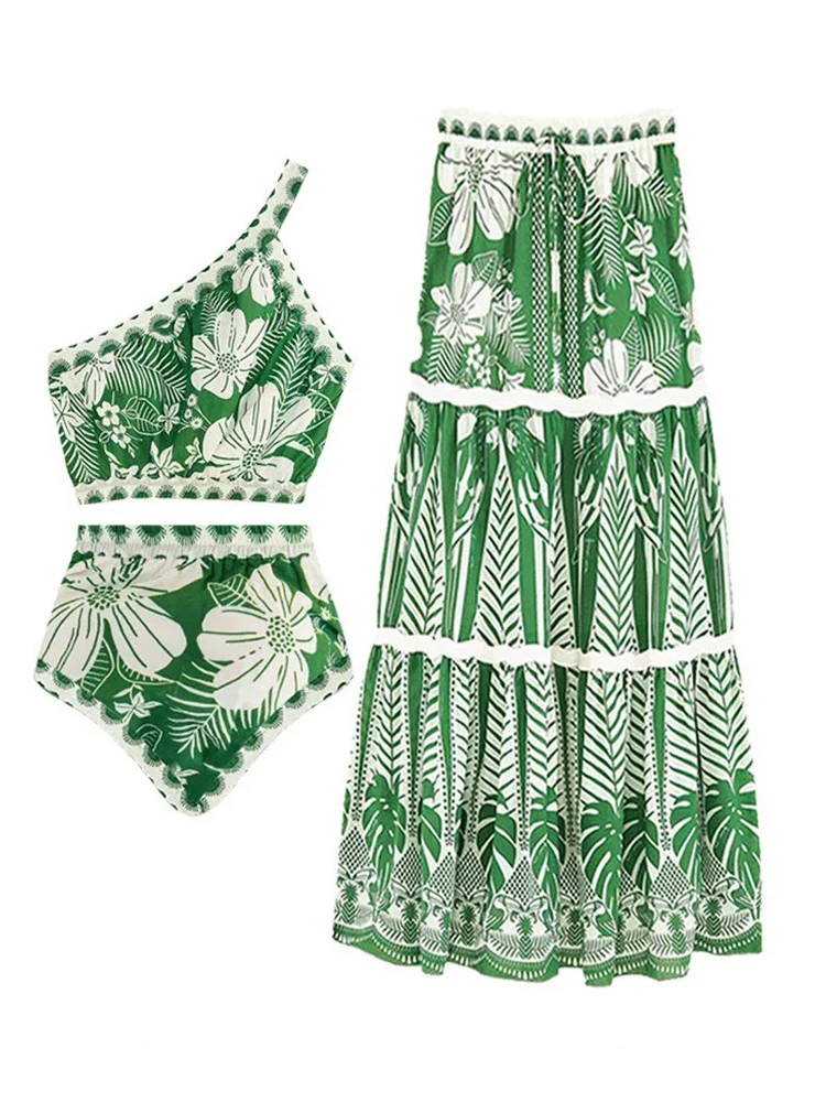 Top Trends: Fashion Retro Green Printed Bikini Set For Women 2023 Sexy One Shoulder Split Swimsuit Cover Up Beach Skirt For Beach Vacation Shoppable Styles