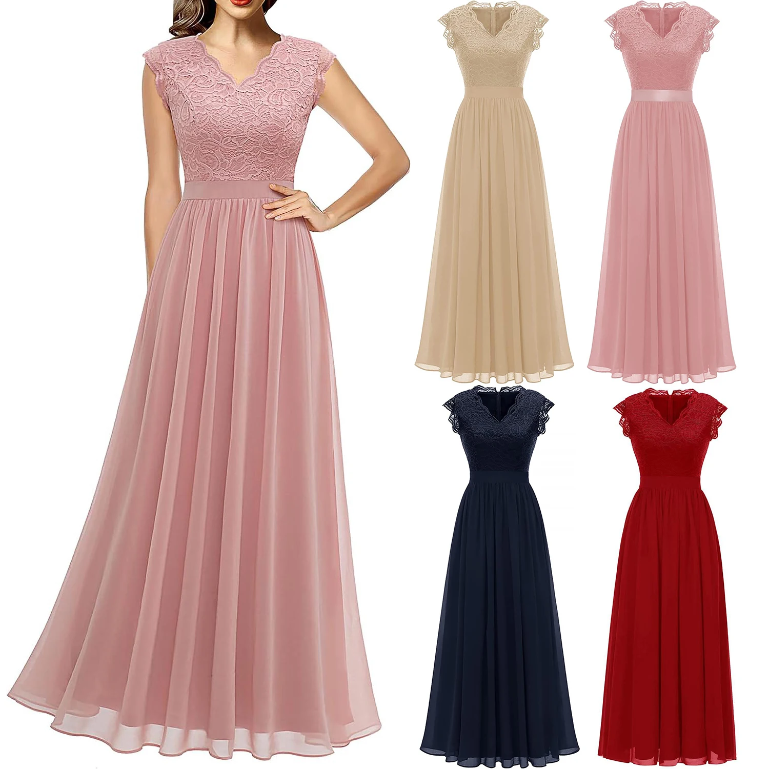 Top Trends: Women&#039;s V Neck Sleeveless Lace Patchwork Chiffon Wedding Party Bridesmaid Long Dress Shoppable Styles