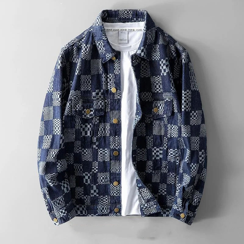 Top Trends: Spring And Autumn New Men's Loose Chessboard Plaid Casual Coat Fashion Personality Jacquard Denim Jacket Shoppable Styles