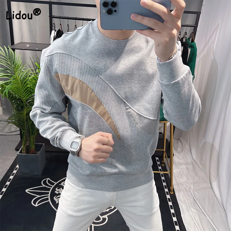 Top Trends: Trend Men's Round Neck Patchwork Tops Autumn Winter Comfortable Casual All-match Long Sleeve Sweatshirts Fashion Male Clothes Shoppable Styles