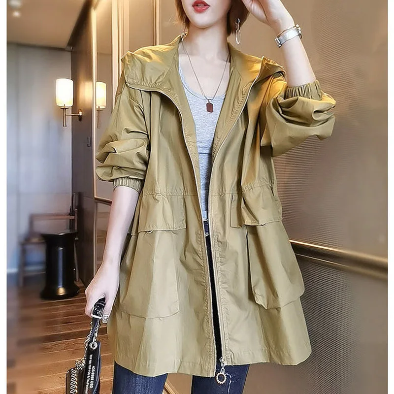 Top Trends: 2023 New Spring And Autumn Fashion Trend Simple Commuting Loose Relaxed Solid Oversize Versatile Women&#039;s Hooded Windbreaker Coat Shoppable Styles