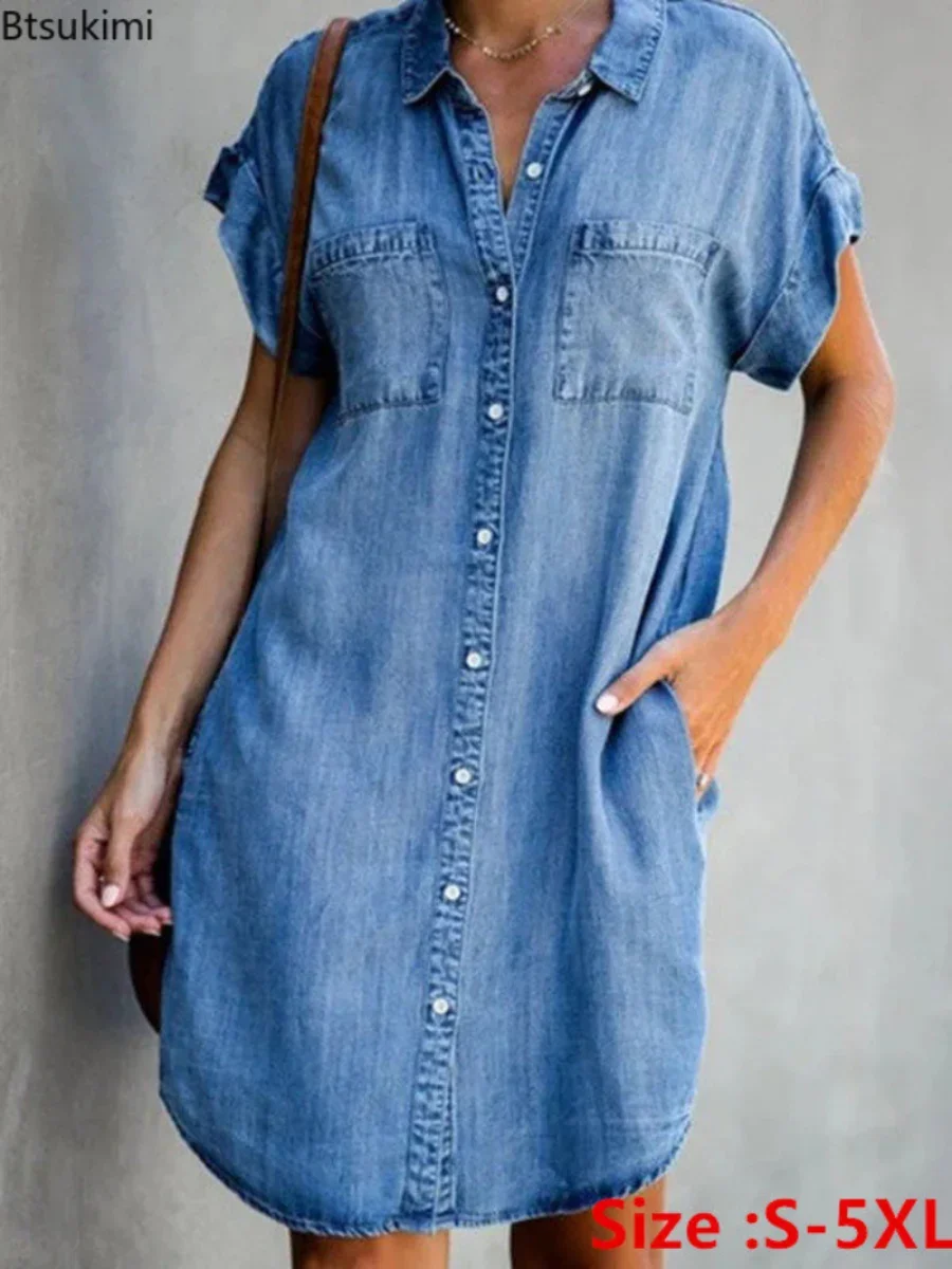 Top Trends: Plus Size 4XL 5XL Women's Summer Casual Denim Dress Solid Short Sleeve Jeans Dress Button Down Retro Above Knee Dress Vestidos Shoppable Styles