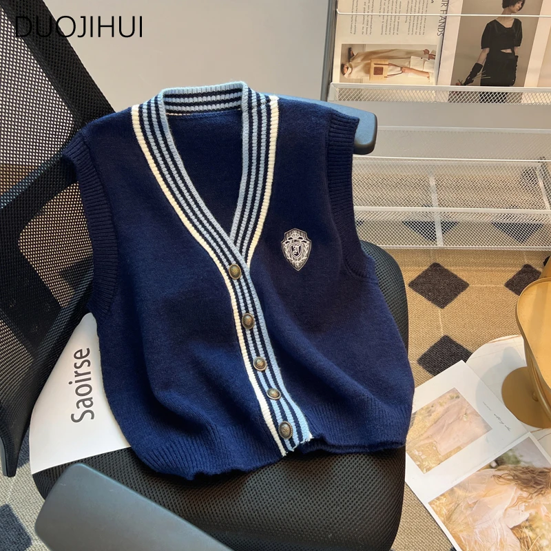 Top Trends: DUOJIHUI Preppy Style Spell Color Chicly Cardigan Female Sweater Vest New Vintage Basic V-neck Fashion Button Women Sweater Vest Shoppable Styles - Image 3