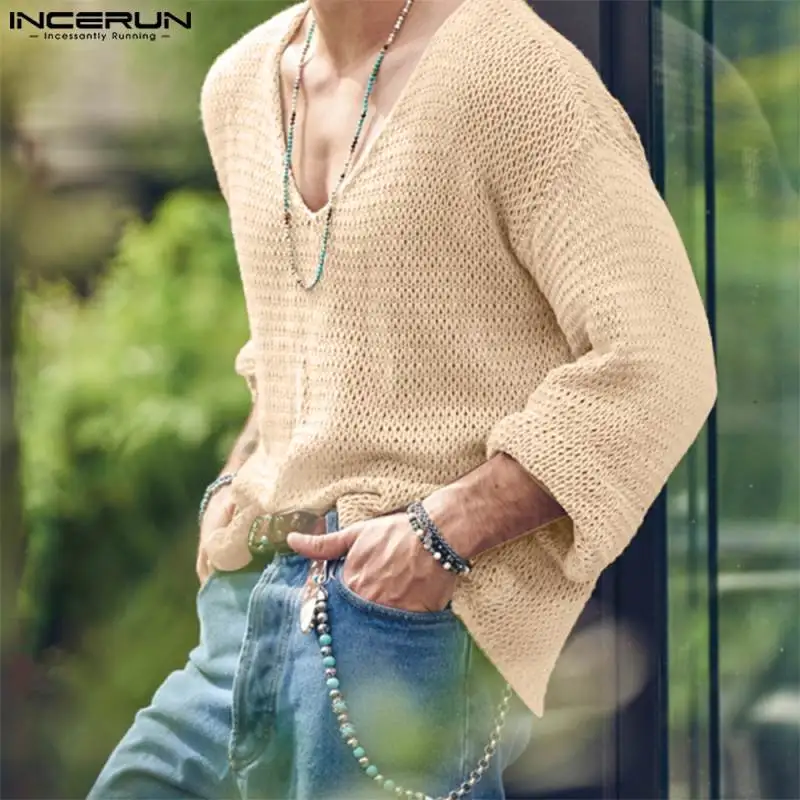 Top Trends: INCERUN Men T Shirt Solid Color Knitted V Neck Long Sleeve Casual Men Clothing Streetwear 2023 Hollow Out Loose Camisetas S-5XL Shoppable Styles