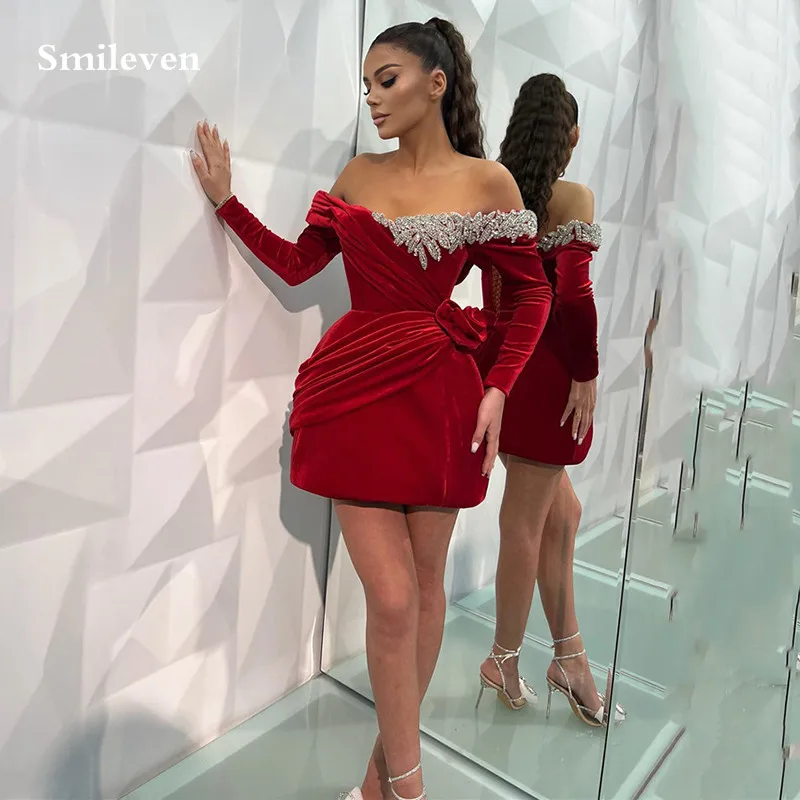 Top Trends: Smileven Burgundy Velvet Short Evening Dresses Beading Long Sleeve Mini Saudi Arabia Robe De Soirée Party Prom Dress 2023 Shoppable Styles