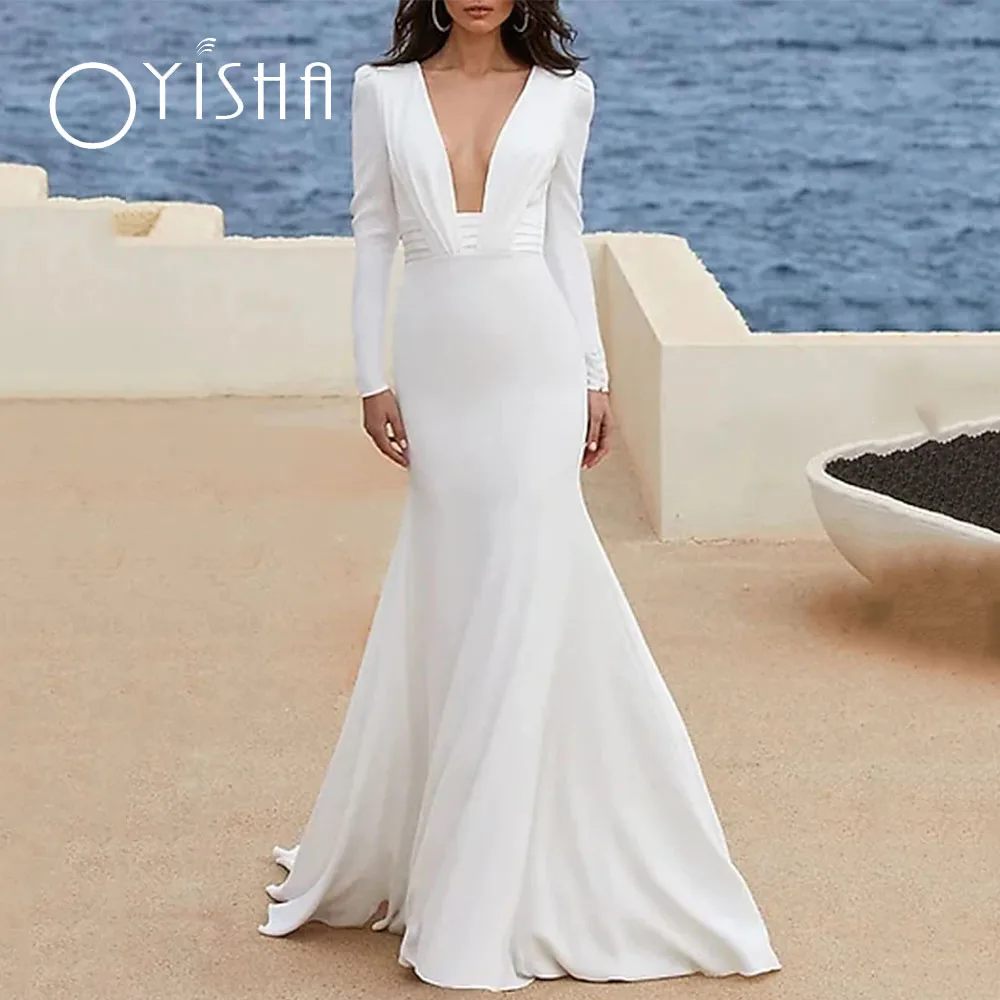 Top Trends: OYISHA White Wedding Dresses Mermaid Long Sleeves Sexy Deep V-Neck Satin Backless Buttons 2023 Elegant Bride Gown Robe De Mariée Shoppable Styles