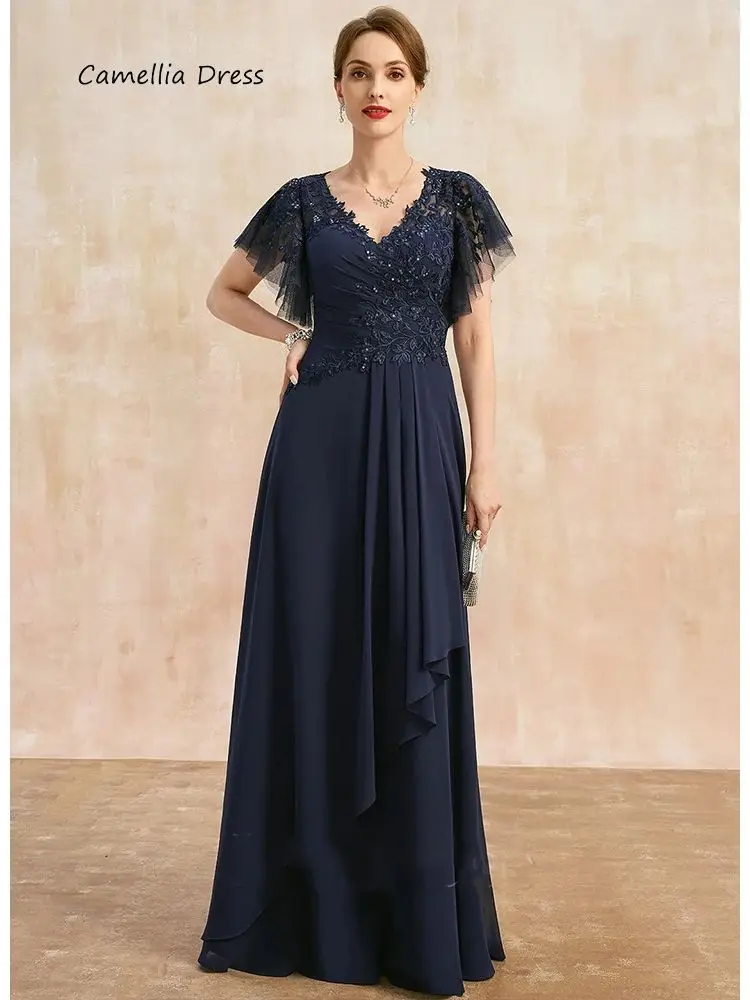 Top Trends: New A-line V-Neck Wedding Party Dress Lace Chiffon Elegant Women's Dresses Sequin Mother Of The Bride Dress فستان حفلات الزفاف Shoppable Styles