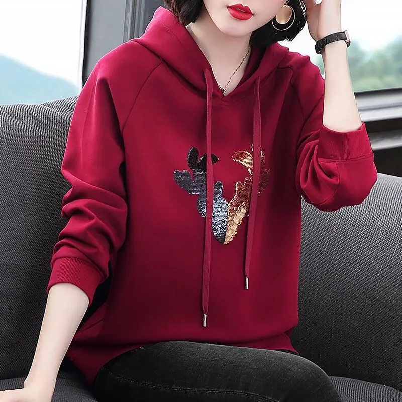 Top Trends: Women&#039;s Solid Color Hooded Drawstring Hoodies Spring And Autumn Thin Loose New Korean Printed Sequined Long Sleeve Pullover Tops Shoppable Styles