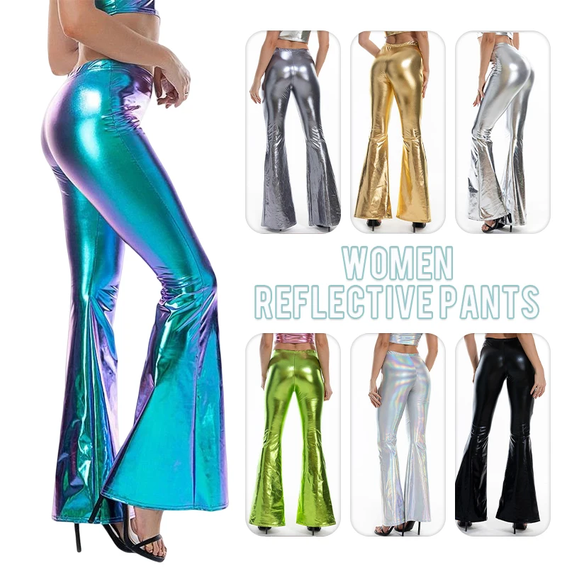 Top Trends: Women Sexy PU Leather Metallic Pants Shiny Holographic Flare Pants Lady Elastic Waist Flared Trousers Dance Performance Clubwear Shoppable Styles