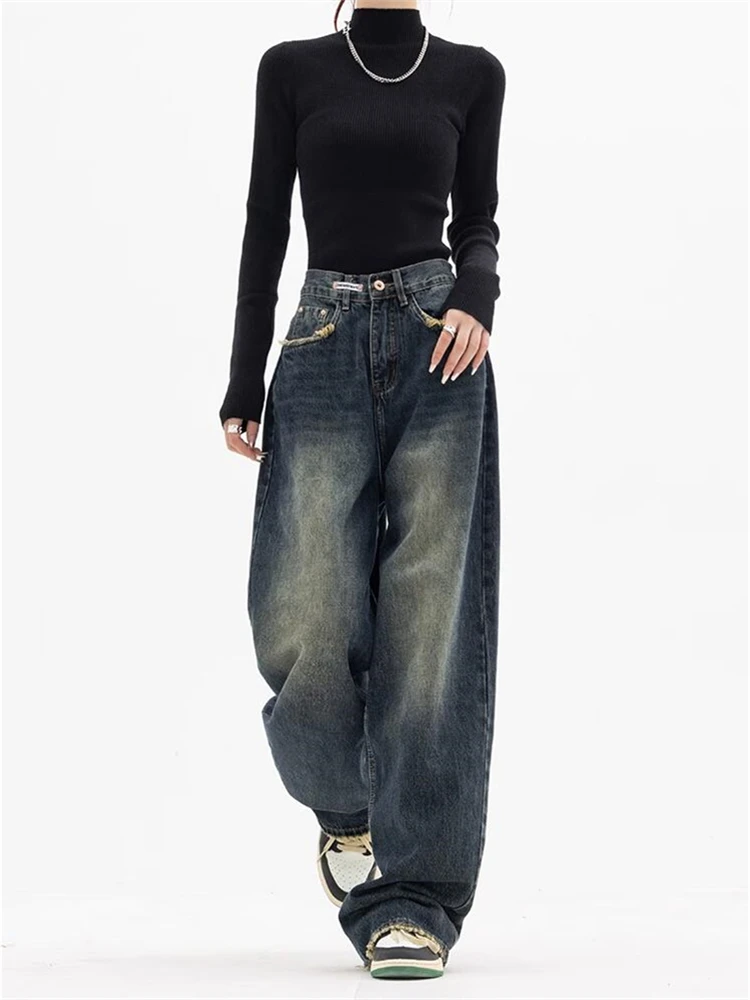 Top Trends: Women&#039;s High Waist Dark Blue Wide Leg Jeans Casual Pants Vintage American Street Style Female Loose Straight Denim Trousers Shoppable Styles