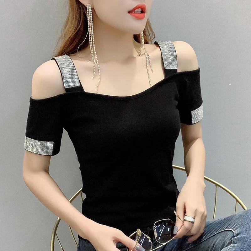 Top Trends: #7152 Summer Short Sleeve T Shirt Women Diamonds Sexy Backless Off Shoulder Tshirt Slash Neck Women's Tee Shirt Black White XXL Shoppable Styles