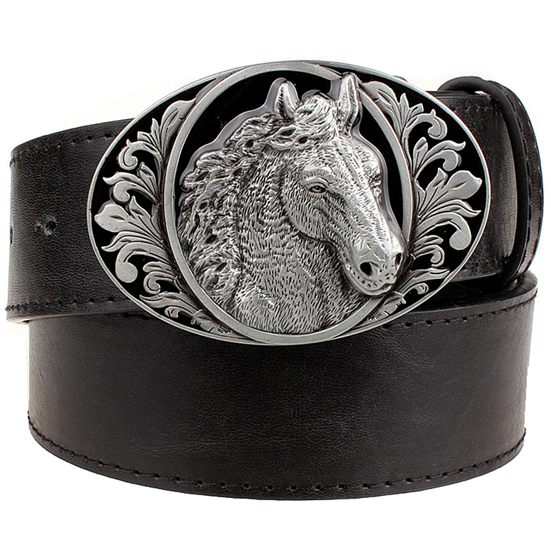 Top Trends: Fine Horse Head Pattern Black Leather Belt Animal Cowboy Style Men's Jeans Belt Punk Rock Accessories Shoppable Styles