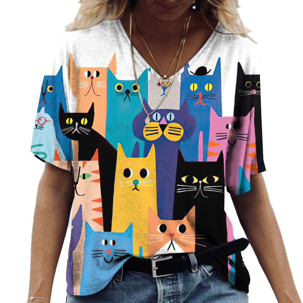 Top Trends: Anime Kitten Women&#039;s T Shirt Painting Girl Print Clothes Blouse V-neck Harajuku Pullover Tops Summer Oversized Short Sleeve Tees Shoppable Styles