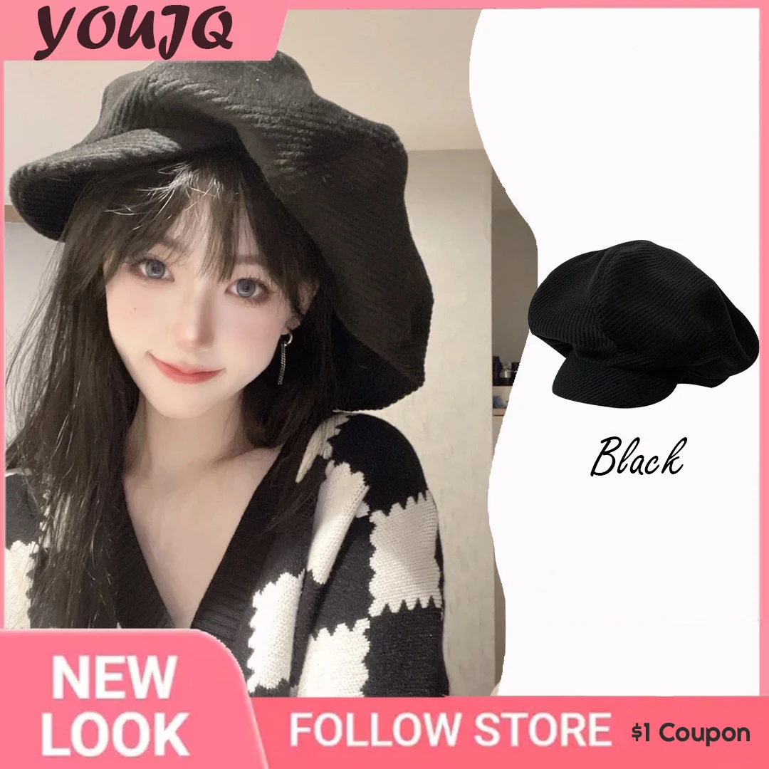 Top Trends: Y2K Corduroy Mushroom Hat Fashion Large Cloud Hat Autumn Winter Black Octagonal Cap Women Face Small Painter Caps Gorras Shoppable Styles