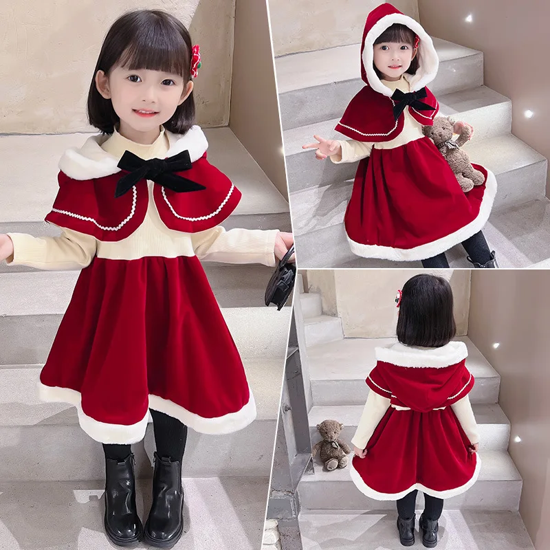 Top Trends: 2023Winter 1-6Y Christmas Dress For Girls Red Velvet Cloak+ Flared Dress Party New Year Children Costume Kids Christmas Clothes Shoppable Styles