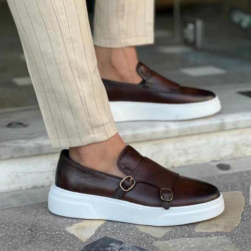 Top Trends: Brown Men Vulcanize Shoes Double Buckle Monk Shoes Black Slip-On Lazy Shoes Handmade Shoppable Styles