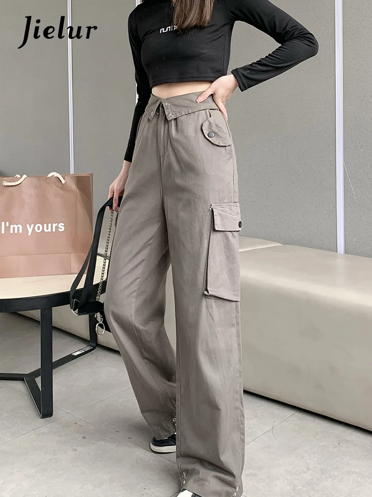 Top Trends: Jielur American Street Simple Cargo Pants Female Casual Loose Slim Women Straight Pants Gray High Waisted Fashion Woman Pants Shoppable Styles - Image 3