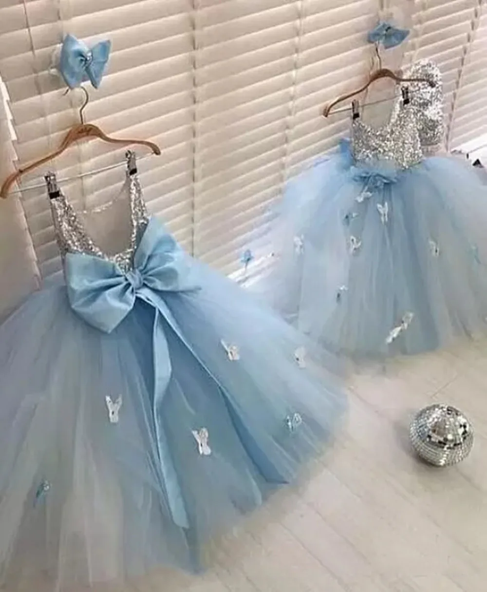 Top Trends: Baby Blue Girls Dresses For Birthday Party Dresses 2023 Silver Sequins Top Tutu Skirt 3D Floral Cheap Kids Prom Ball Gowns Shoppable Styles