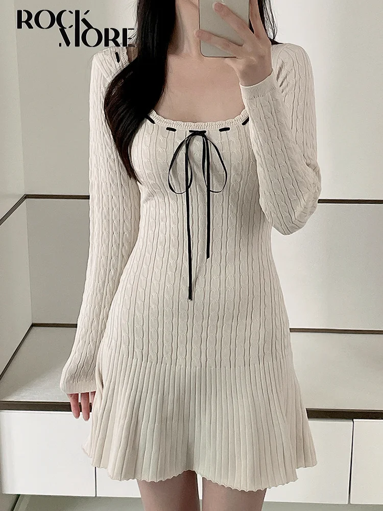 Top Trends: Rockmore Korean Style Solid Lace Up Knitted Dresses Fashion Women Elegant Autumn Winter Bodycon Long Sleeve Mini Sweater Dress Shoppable Styles