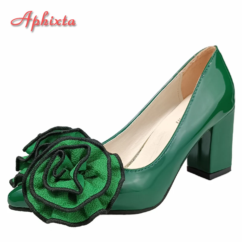 Top Trends: Aphixta New 7cm Square Heel Patent Leather Shoes Women Pumps Dark Green Flowers Officile Pointed Toe Plus Size 49 50 Shoppable Styles