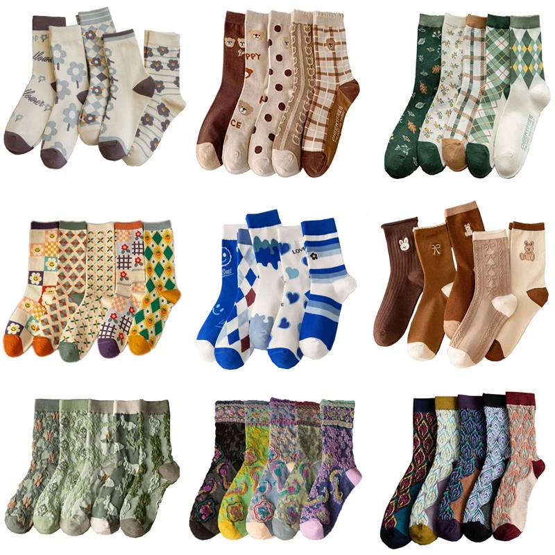 Top Trends: 5 Pairs Animal Print Cute Long Socks Korean Style Women Socks Flowers Kawaii Sokken Girl Fashion Streetwear Spring Autumn Shoppable Styles