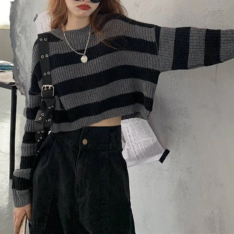 Top Trends: Women Fashion Cropped Sweater Sexy Tops Women Black White Striped Loose Pullover Knitted Sweater Fashion Jumper Shoppable Styles