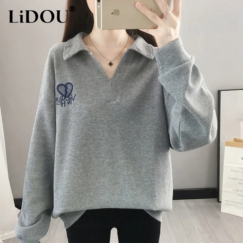 Top Trends: 2023 Spring Autumn New Solid Color Fashion Long Sleeve Sweatshirts Women High Street Loose POLO Collar Embroidered All-match Top Shoppable Styles