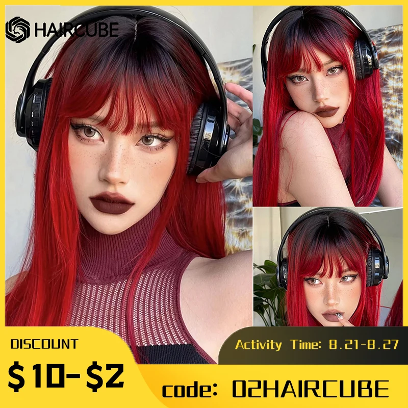 Top Trends: HAIRCUBE Natural Black Red Ombre Straight Synthetic Wig For Women Long Red Wig With Bangs Cosplay Party Heat Resistant Fiber Wig Shoppable Styles