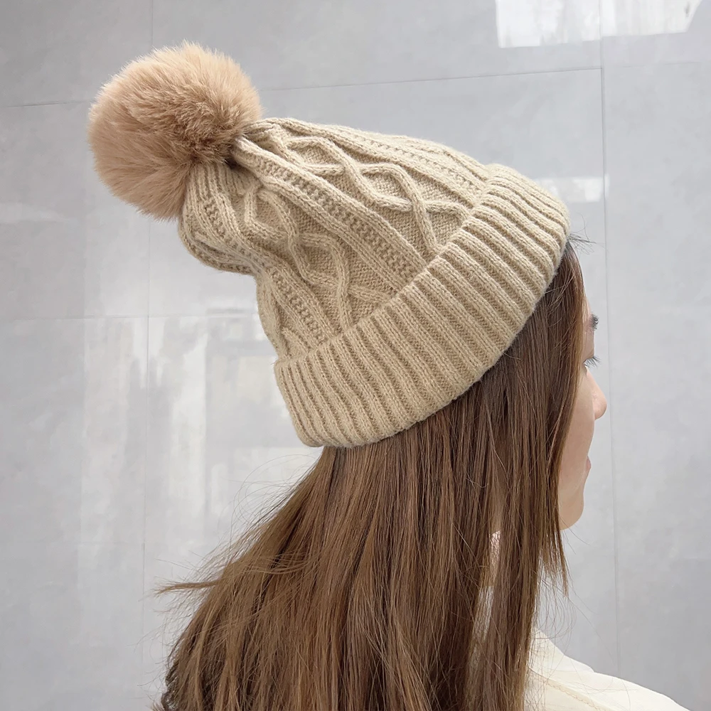 Top Trends: Women's Knitted Fur Pom Ball Hats Winter Warm Plush Thermal Thicken Casual Beanies Caps Outdoor Windproof Skullies Bonnet Cap Shoppable Styles - Image 3