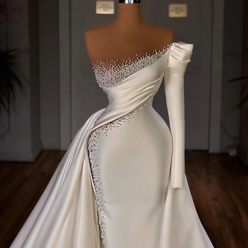 Top Trends: STEVDITG Elegant Women Wedding Dress Fashion One-Shoulder Pearls Mermaid Gowns Luxury Court Train White Satin Bride Dress 2023 Shoppable Styles