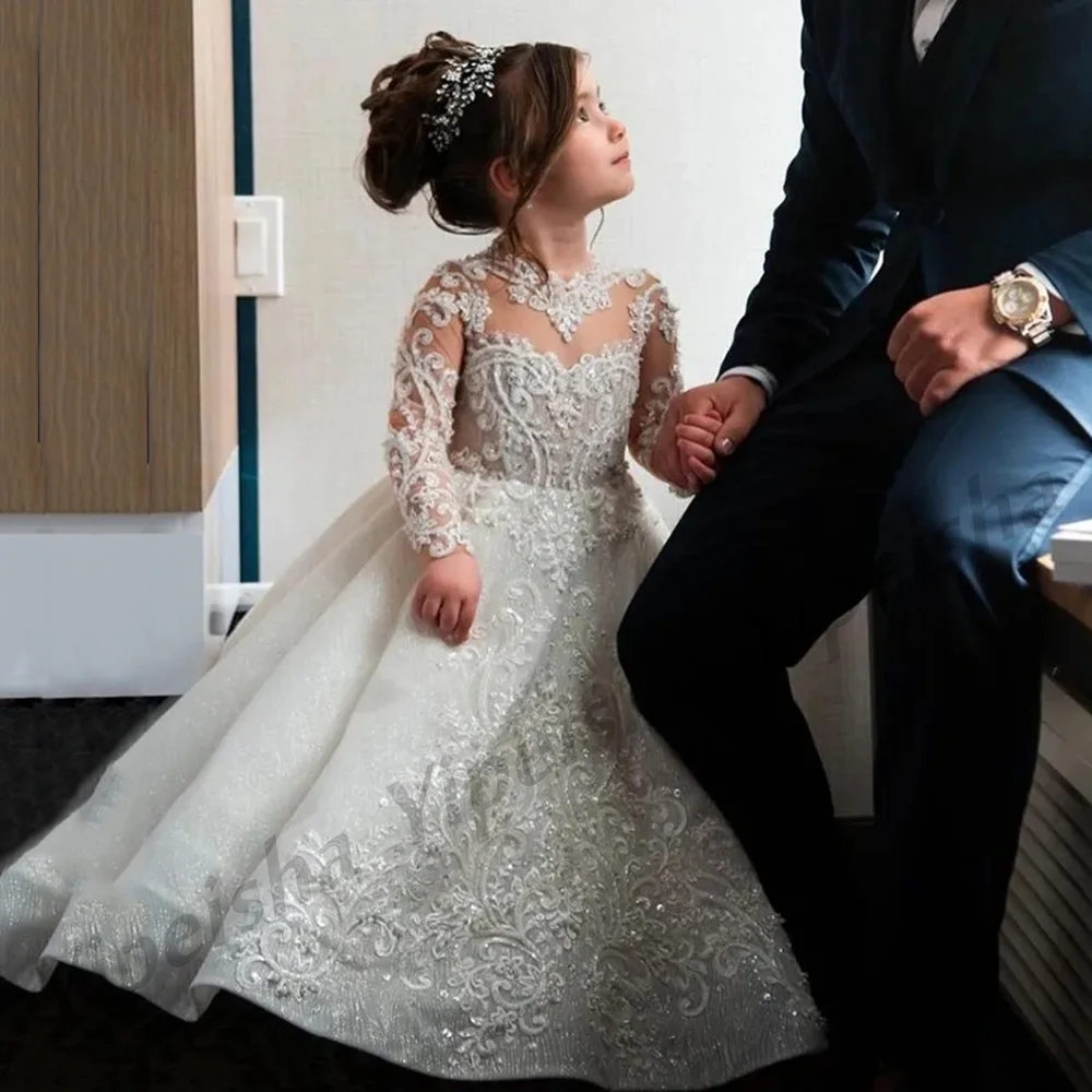 Top Trends: Exquisite Lace Flower Girl Dress For Wedding Party Long Sleeves Sparkling Beading Sequin Birthday Gown First Communion Dresses Shoppable Styles