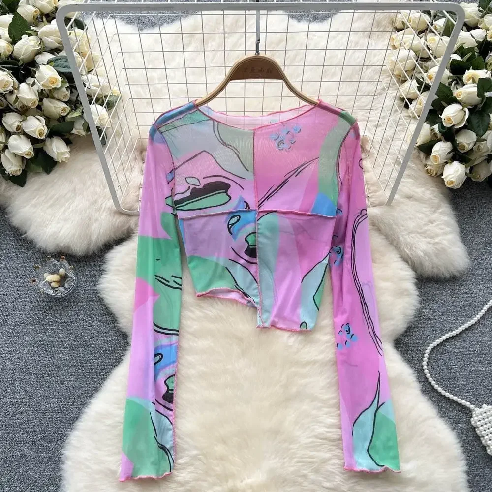 Top Trends: Women Print Long Sleeve T Shirt O-neck Casual Slim Sexy Tshirt Chic See Through Tees Harajuku Streetwear Fashion Crop Top Y2k Shoppable Styles