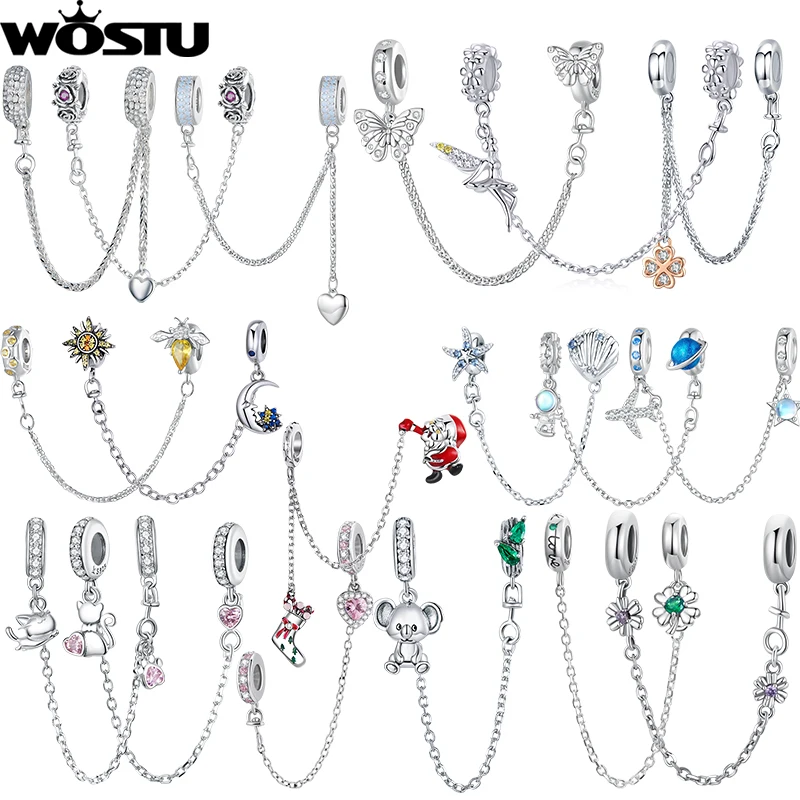 Top Trends: WOSTU 925 Sterling Silver Amimal Safety Chain Heart Key Flower Pendant CZ Charms Stopper Fit Original Bracelet DIY Fine Jewelry Shoppable Styles