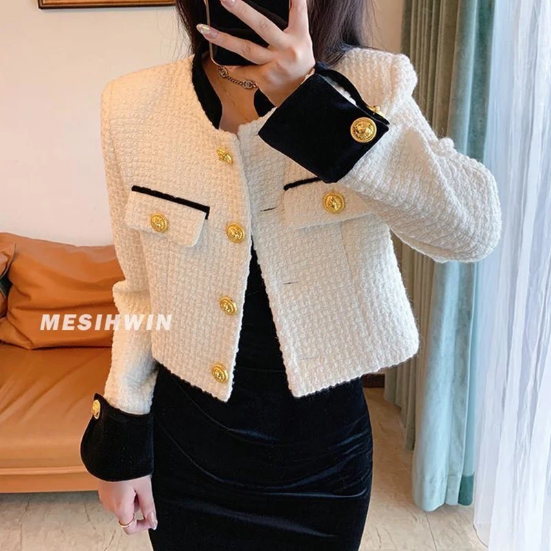 Top Trends: Korean Fashion Button Tweed Jacket Women Vintage Patchwork Long Sleeve Outwear Slim Round Neck Cropped Coat Single Breasted Shoppable Styles