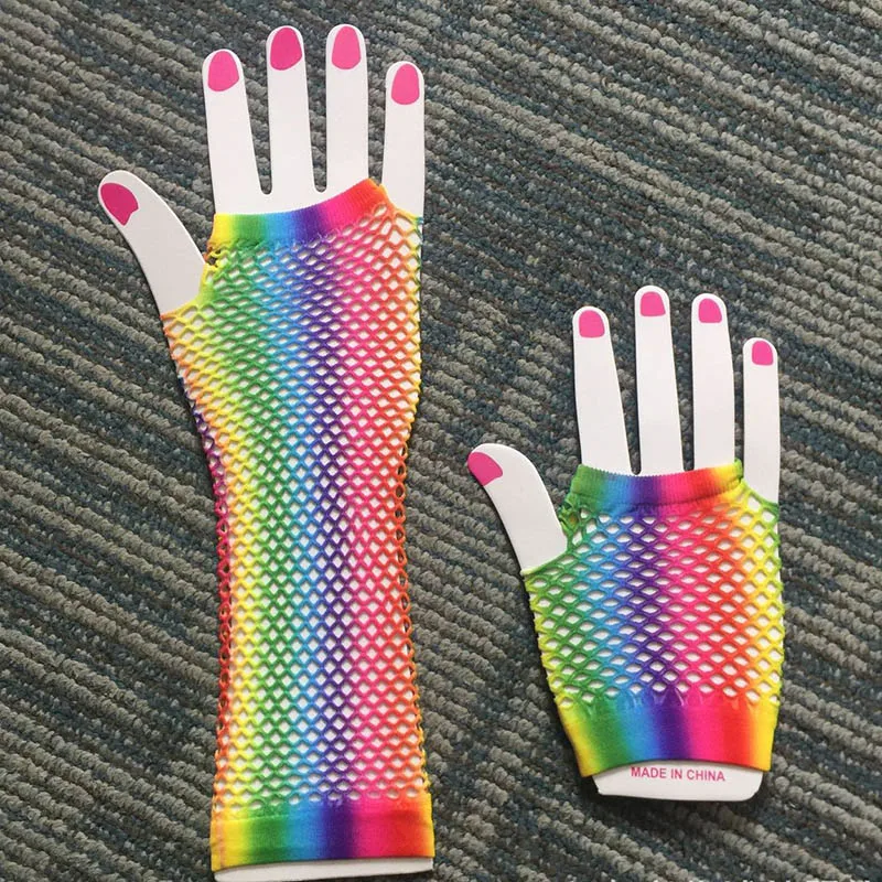 Top Trends: 1pair Rainbow Color Ladies Sexy Mesh Net Fishnet Gloves Women Hollow Out Holes Fingerless Gloves Lady Disco Dance Costume Mitten Shoppable Styles - Image 4