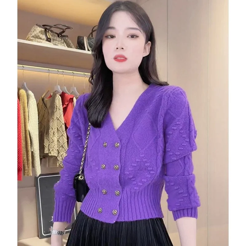 Top Trends: Fashion V-Neck Button Solid Color Korean Cardigan Sweaters Women&#039;s Clothing 2023 Winter Loose All-match Knitted Commuter Tops Shoppable Styles