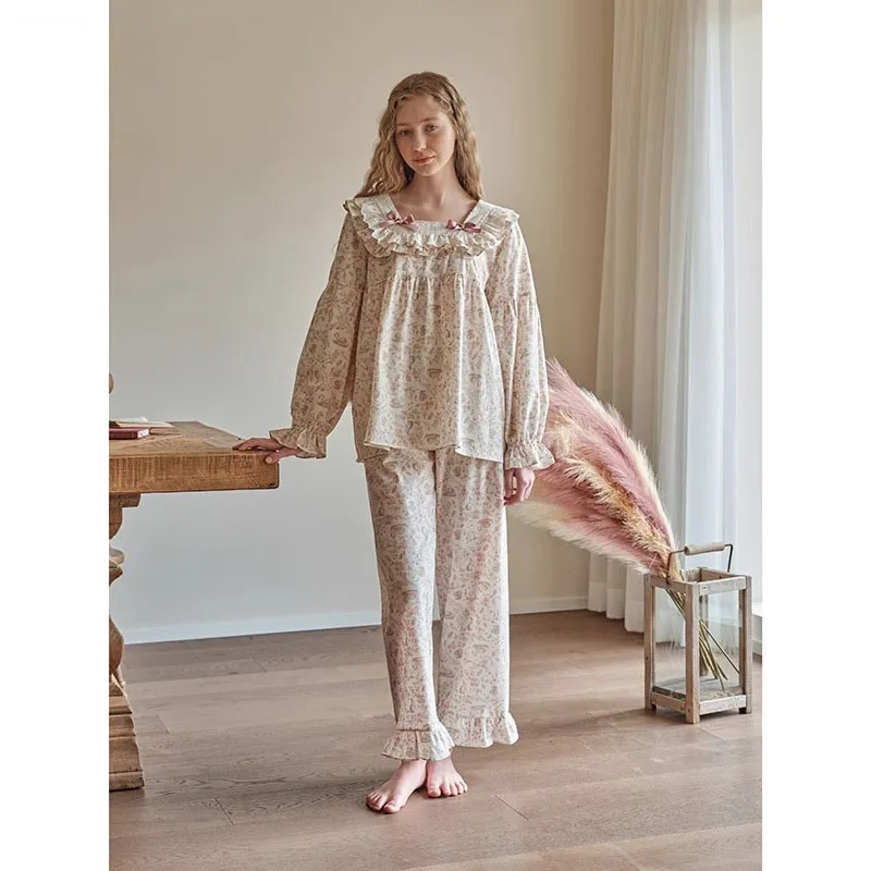 Top Trends: Female Floral Lace Square Neck Pajama Set 2023 Vintage Style Long-Sleeved Pullover Pyjama Autumn New Casual Women Home Sleepwear Shoppable Styles