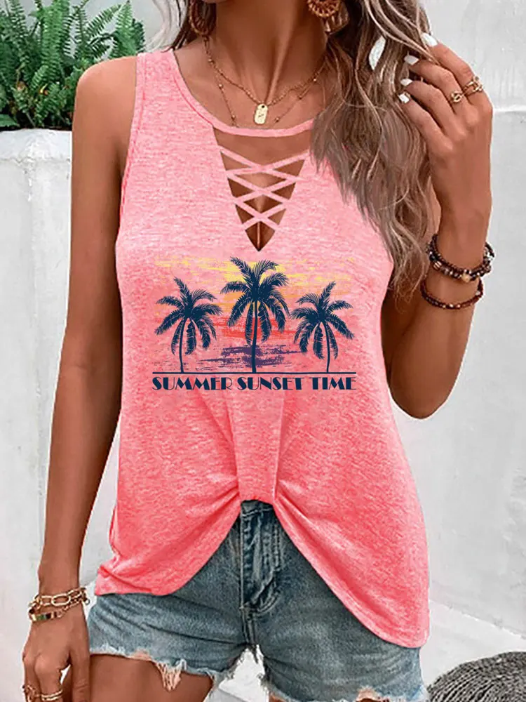 Top Trends: Summer Criss-Cross Coconut Tree Twist Tank Tops Women's Fashion Sleeveless Vest Sexy Girls Casual Vintage Tanks Loose Tee Shirt Shoppable Styles