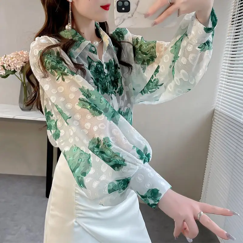 Top Trends: Fashion Lapel Button Printed Lantern Sleeve Shirt Women Clothing 2022 New Oversized Loose Casual Tops All-match Commute Blouse Shoppable Styles