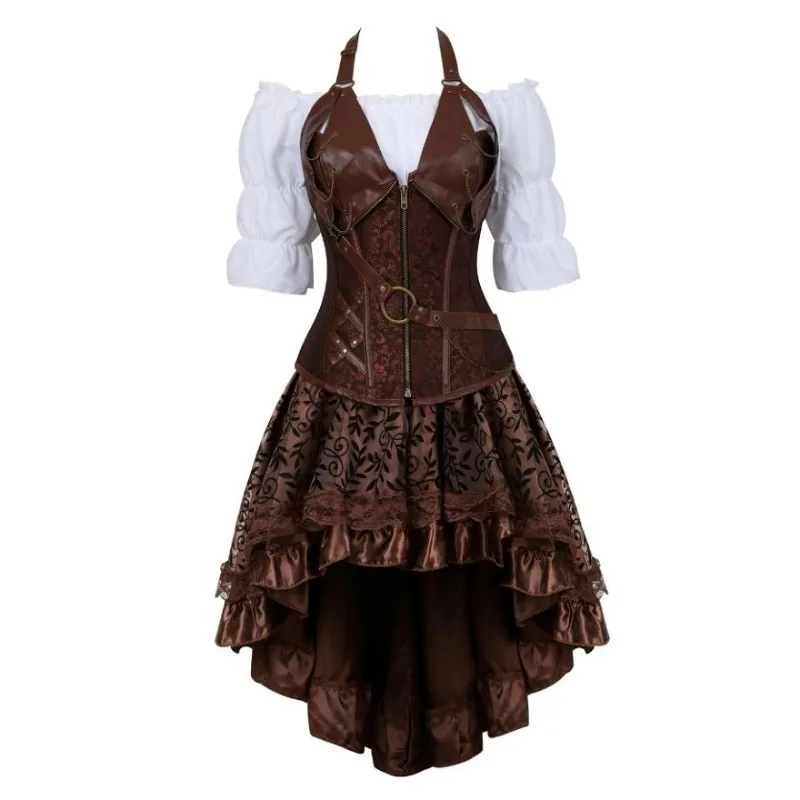 Top Trends: Gothic Corset Dress Steampunk PU Leather Corset Crop Top Three-Pieces Set Pirate Costume Renaissance Blouse And Burlesque Skirt Shoppable Styles