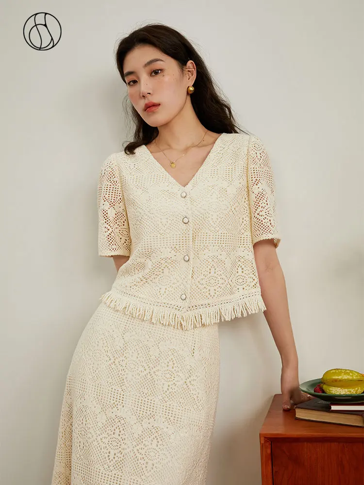 Top Trends: DUSHU Advanced Design Lace Holiday Style French Two Piece Dress Summer New 2023 Fashion Set For Women Light Yellow Women Set Shoppable Styles